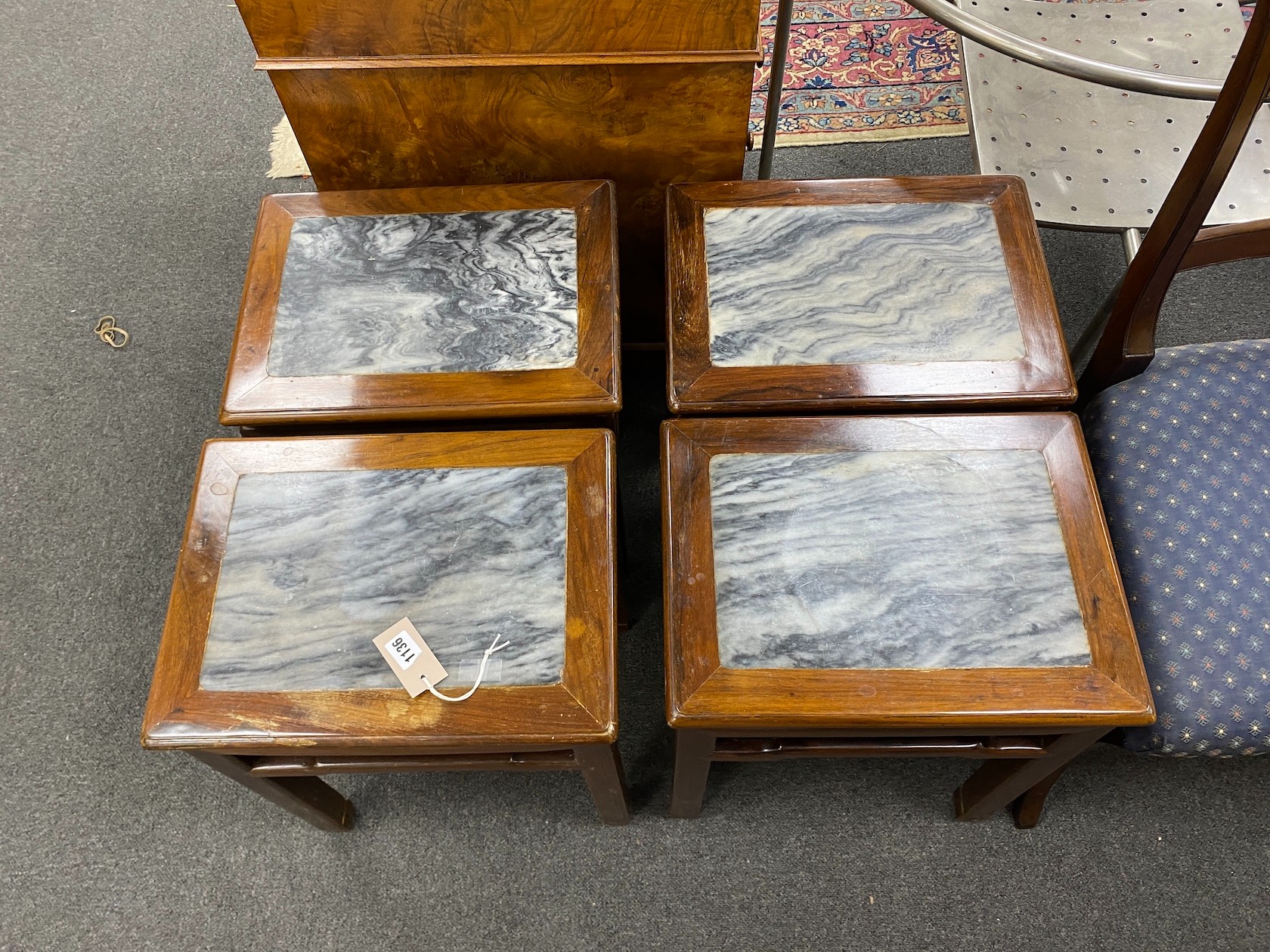 A set of four 19th century Chinese rosewood and grey marble stools or occasional tables, height 52cm, width 41.5cm depth 31cm